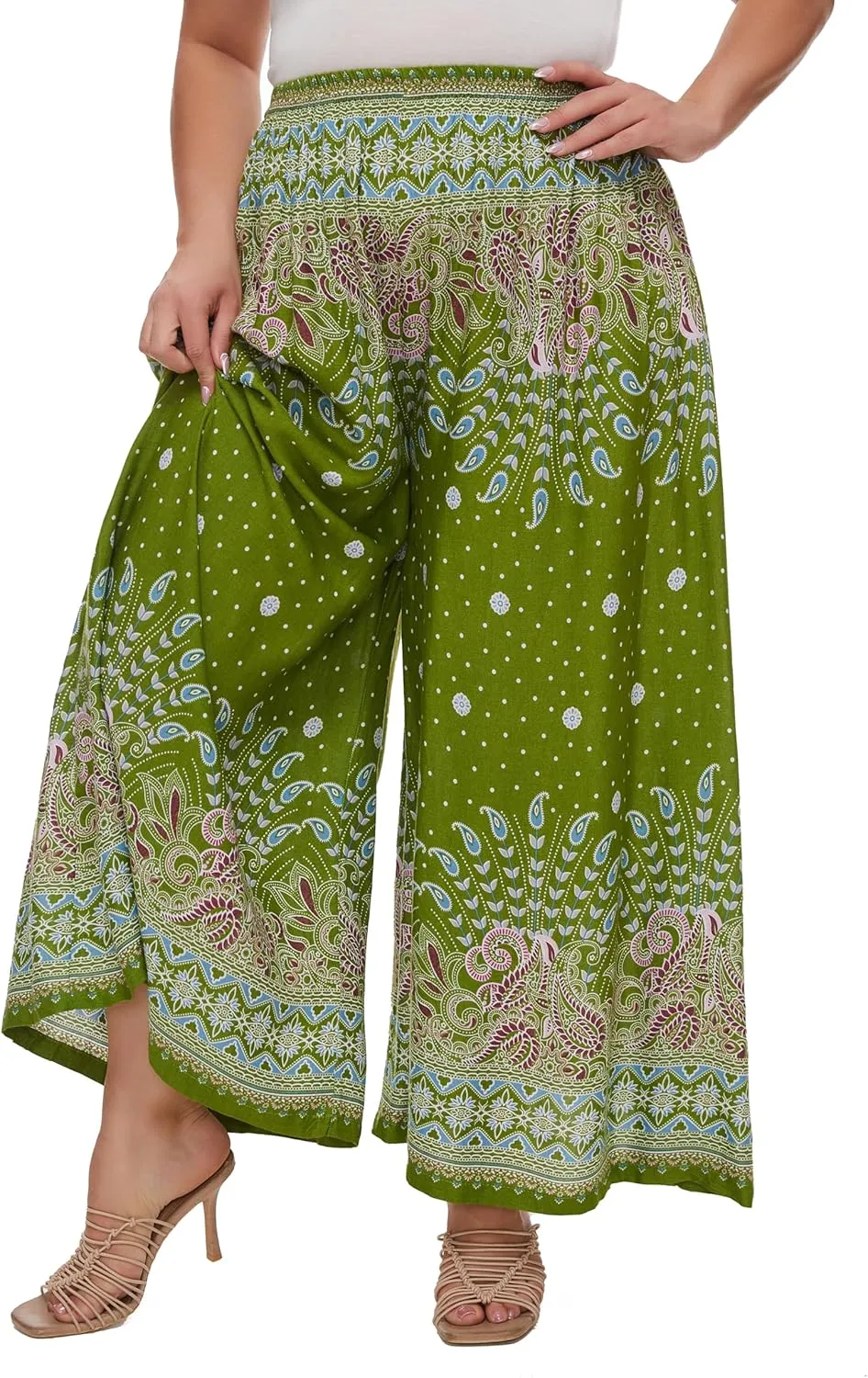 Beautybatik Women Wide Leg Palazzo Pants Plus Size Hippie Bohemian Flora Printed 1X 2X 3X
