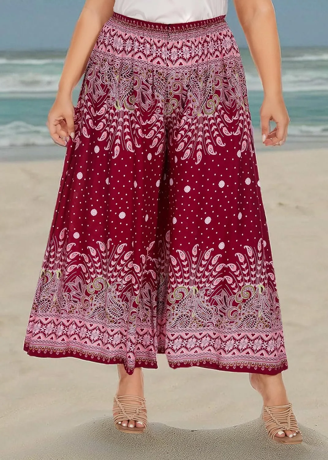 Beautybatik Women Wide Leg Palazzo Pants Plus Size Hippie Bohemian Flora Printed 1X 2X 3X