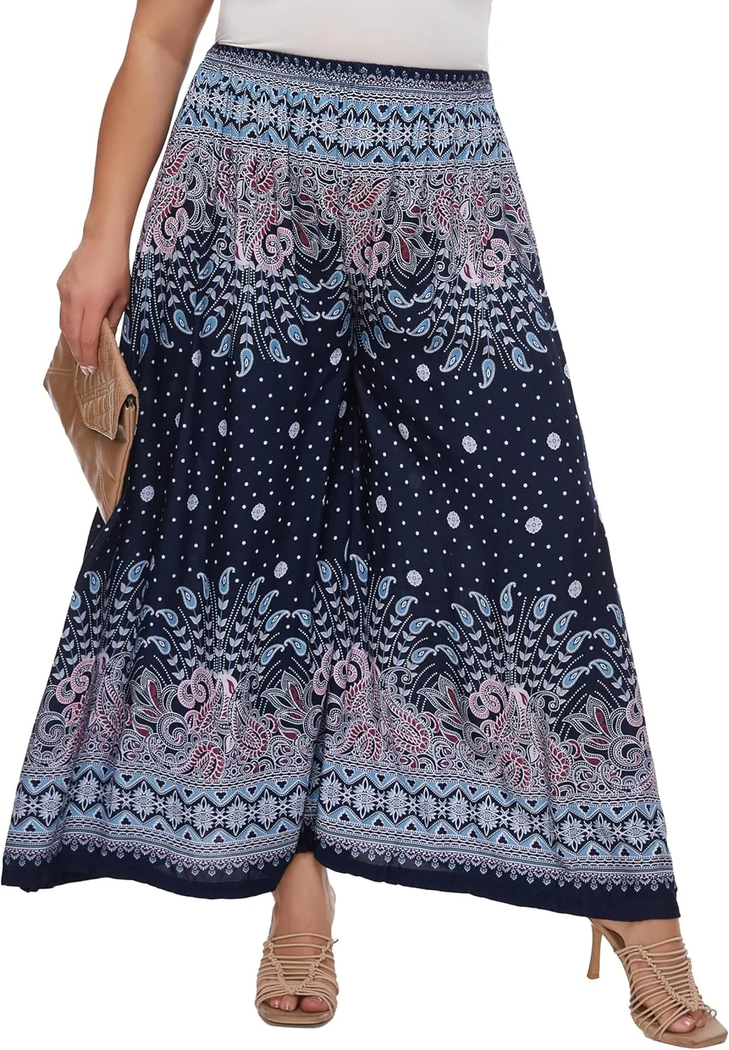 Beautybatik Women Wide Leg Palazzo Pants Plus Size Hippie Bohemian Flora Printed 1X 2X 3X