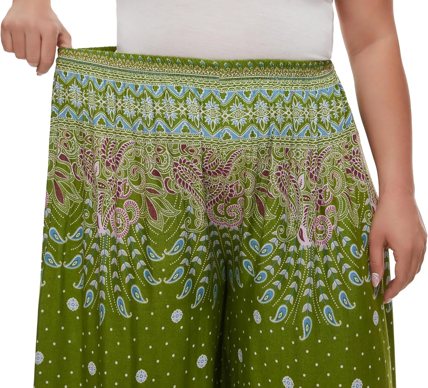 Beautybatik Women Wide Leg Palazzo Pants Plus Size Hippie Bohemian Flora Printed 1X 2X 3X