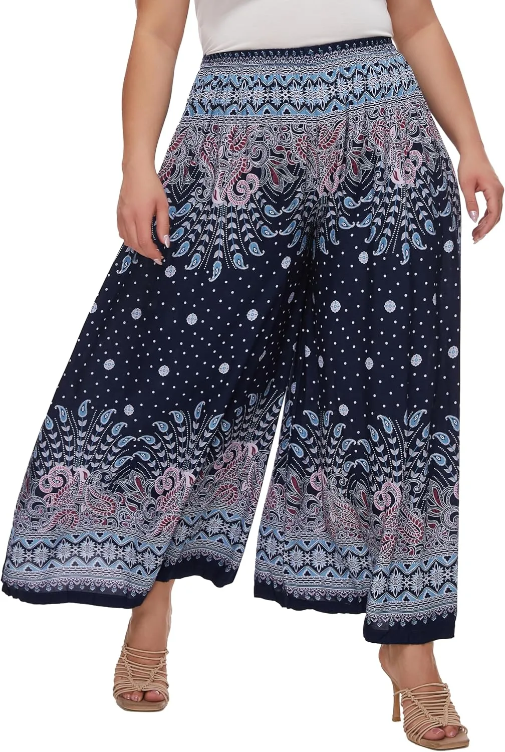 Beautybatik Women Wide Leg Palazzo Pants Plus Size Hippie Bohemian Flora Printed 1X 2X 3X