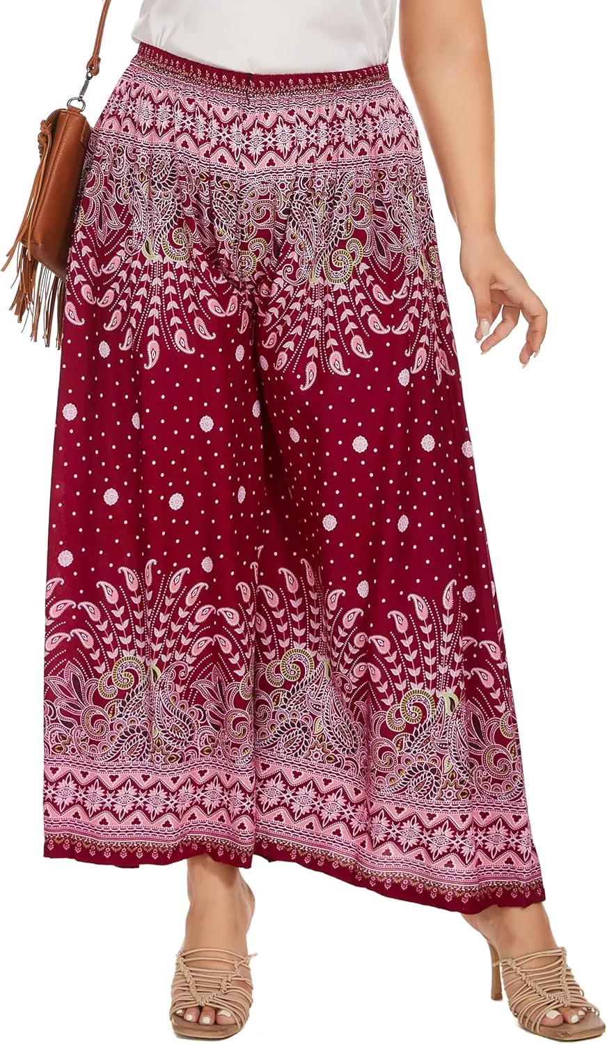Beautybatik Women Wide Leg Palazzo Pants Plus Size Hippie Bohemian Flora Printed 1X 2X 3X