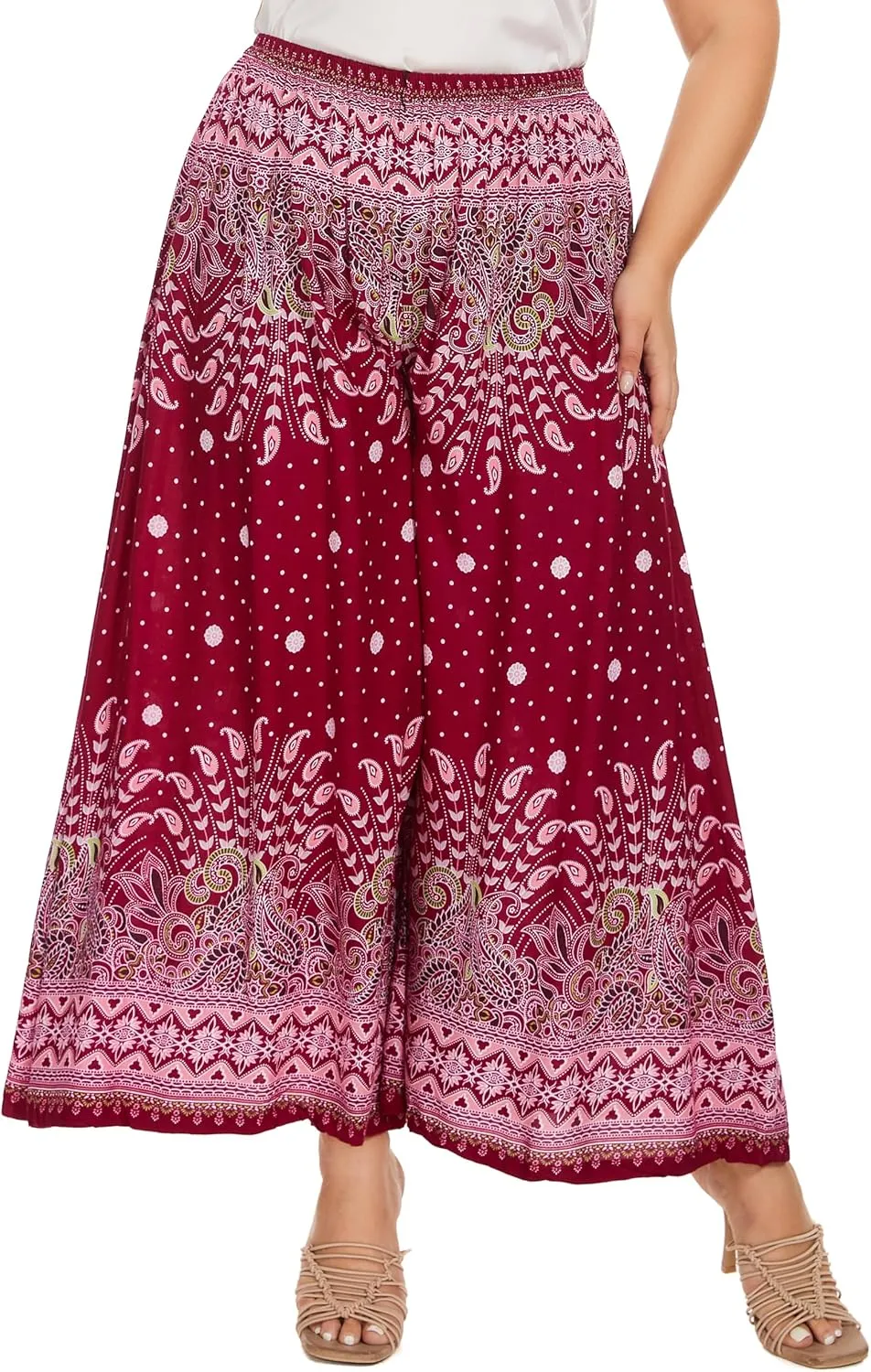Beautybatik Women Wide Leg Palazzo Pants Plus Size Hippie Bohemian Flora Printed 1X 2X 3X
