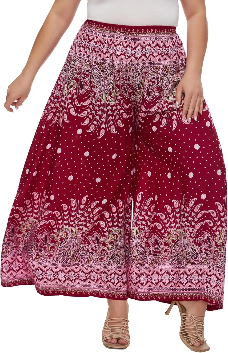 Beautybatik Women Wide Leg Palazzo Pants Plus Size Hippie Bohemian Flora Printed 1X 2X 3X