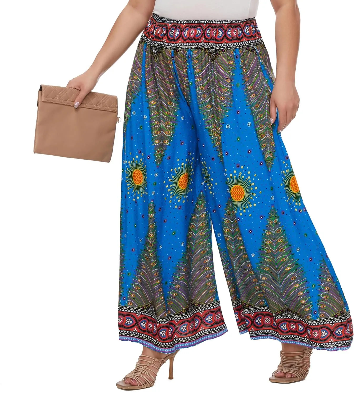Beautybatik Women Wide Leg Palazzo Pants Plus Size Hippie Bohemian Flora Printed 1X 2X 3X