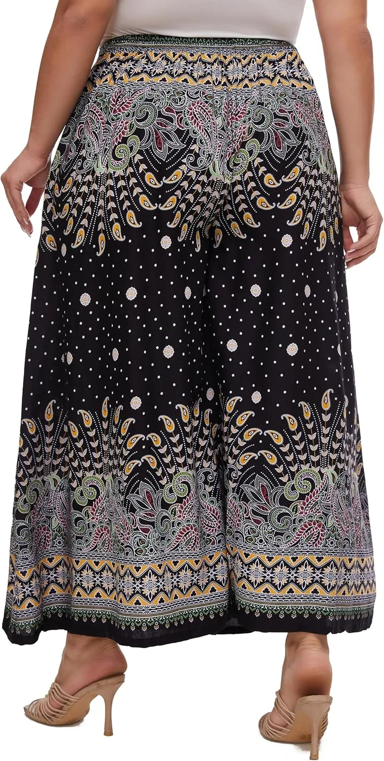 Beautybatik Women Wide Leg Palazzo Pants Plus Size Hippie Bohemian Flora Printed 1X 2X 3X