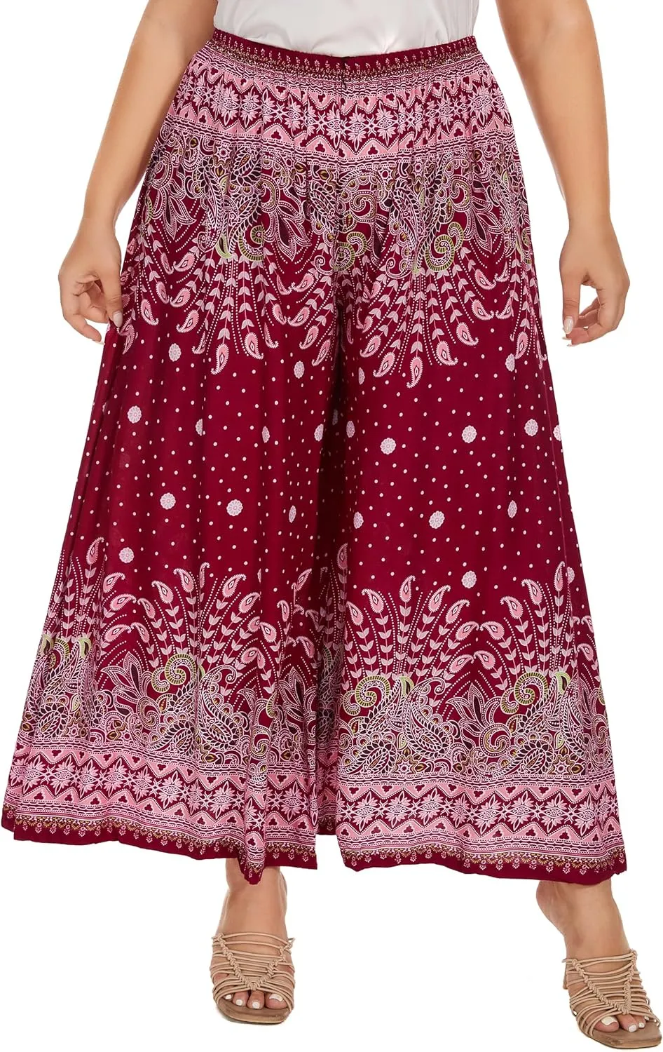 Beautybatik Women Wide Leg Palazzo Pants Plus Size Hippie Bohemian Flora Printed 1X 2X 3X