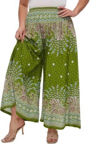 Beautybatik Women Wide Leg Palazzo Pants Plus Size Hippie Bohemian Flora Printed 1X 2X 3X