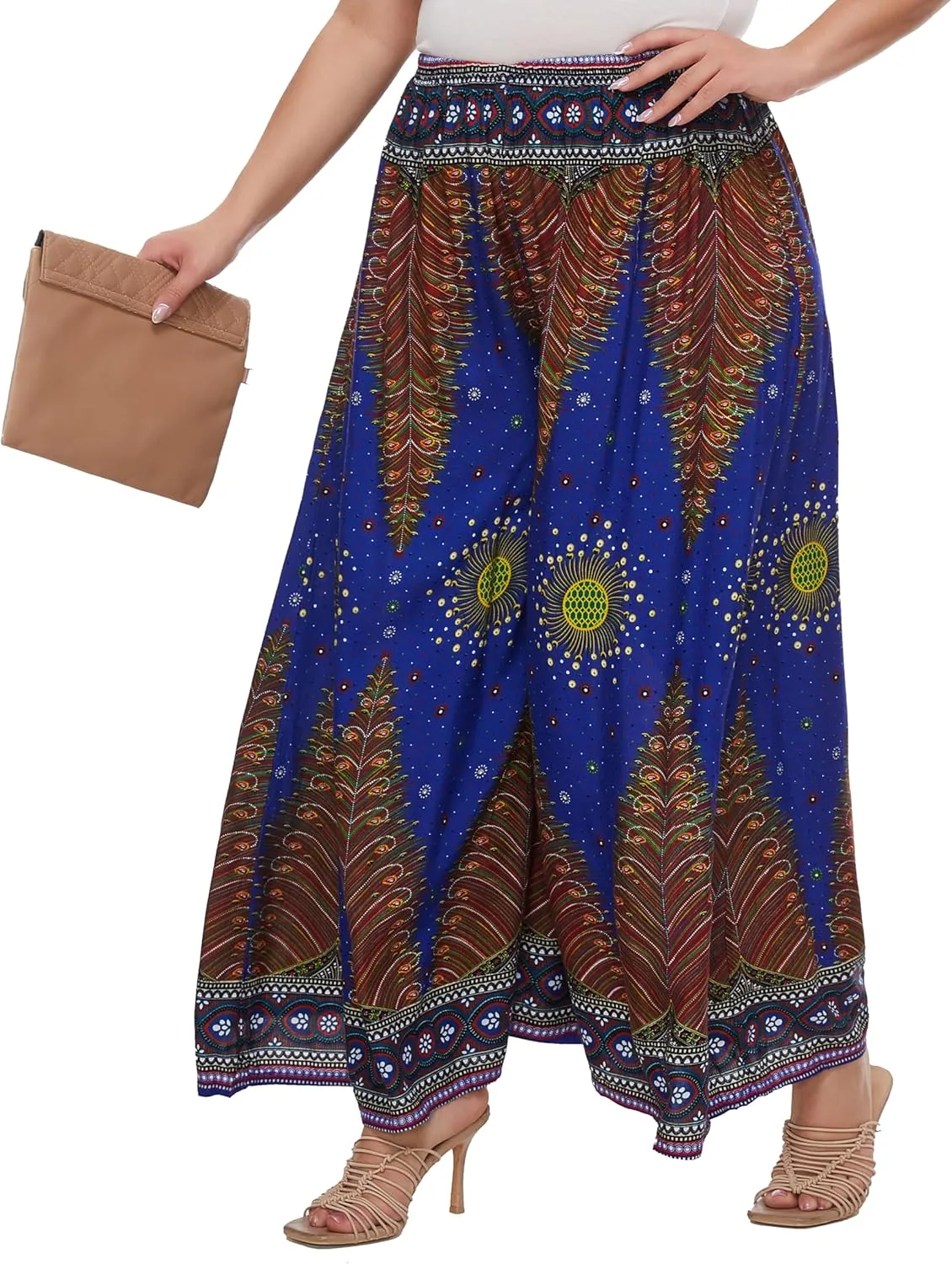 Beautybatik Women Wide Leg Palazzo Pants Plus Size Hippie Bohemian Flora Printed 1X 2X 3X