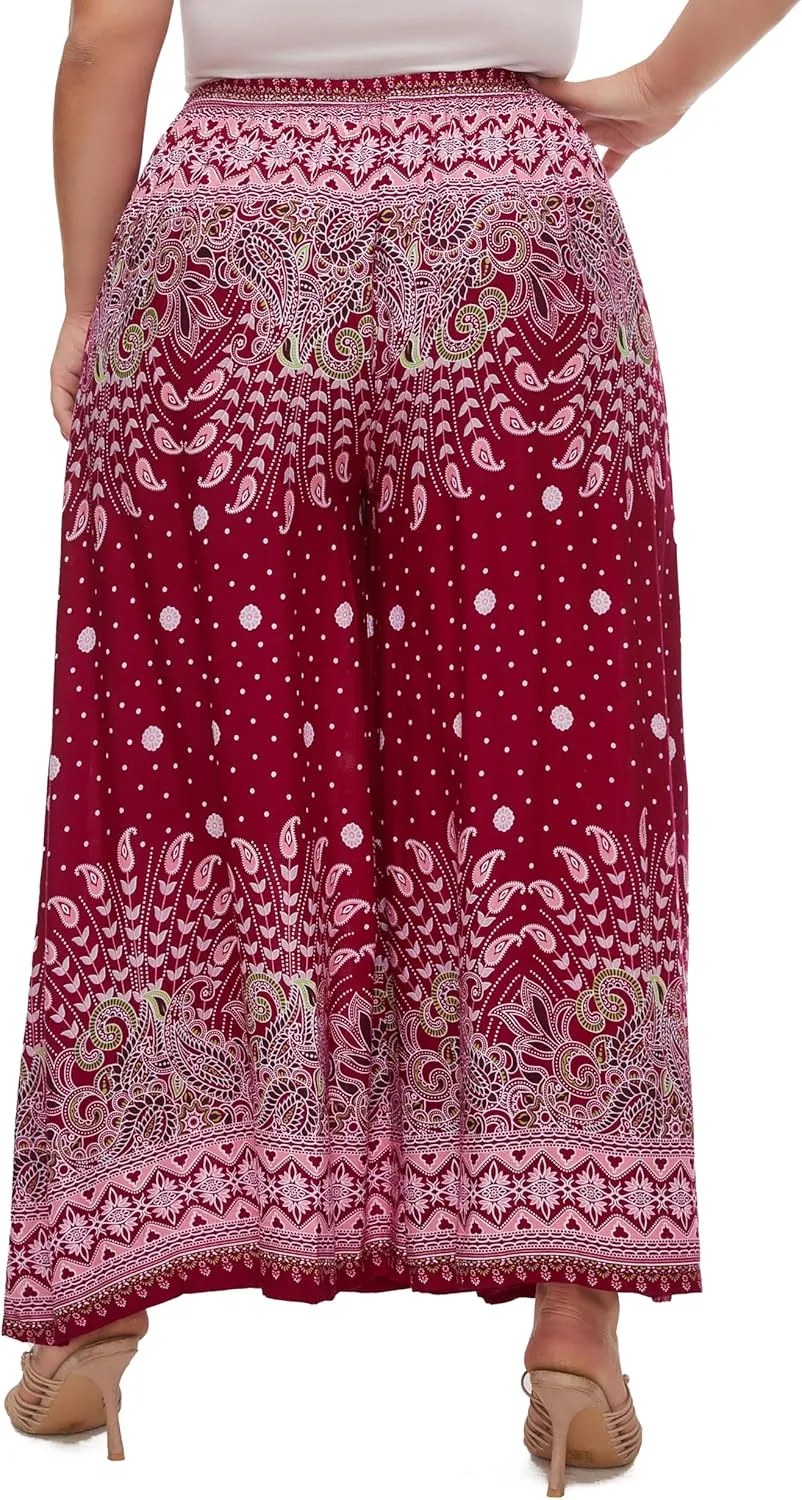 Beautybatik Women Wide Leg Palazzo Pants Plus Size Hippie Bohemian Flora Printed 1X 2X 3X