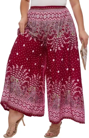 Beautybatik Women Wide Leg Palazzo Pants Plus Size Hippie Bohemian Flora Printed 1X 2X 3X