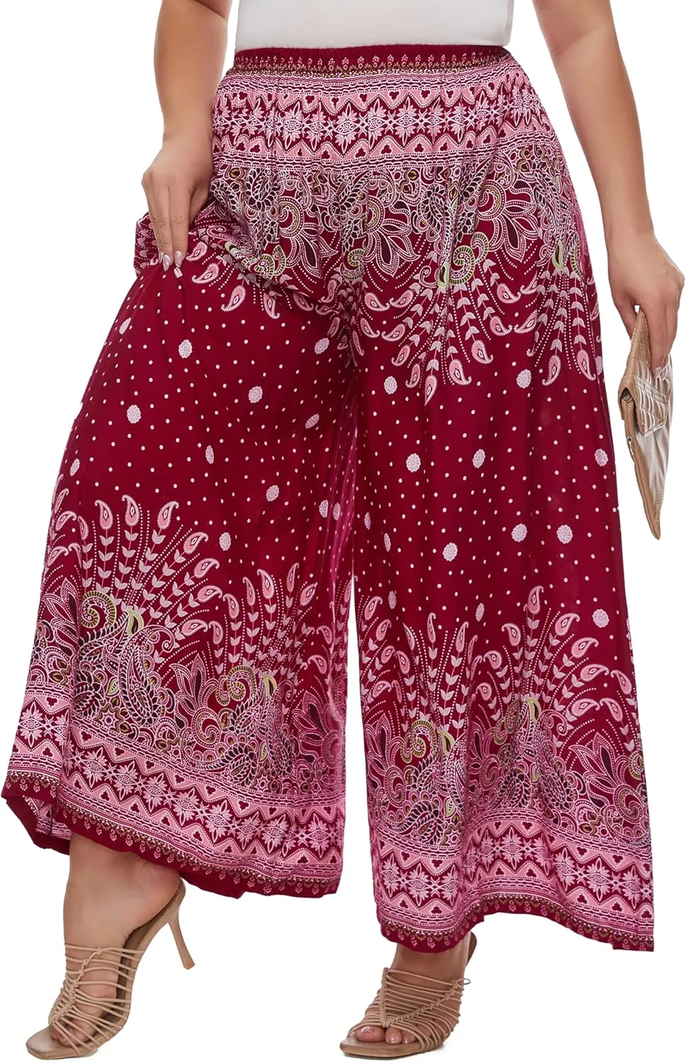 Beautybatik Women Wide Leg Palazzo Pants Plus Size Hippie Bohemian Flora Printed 1X 2X 3X