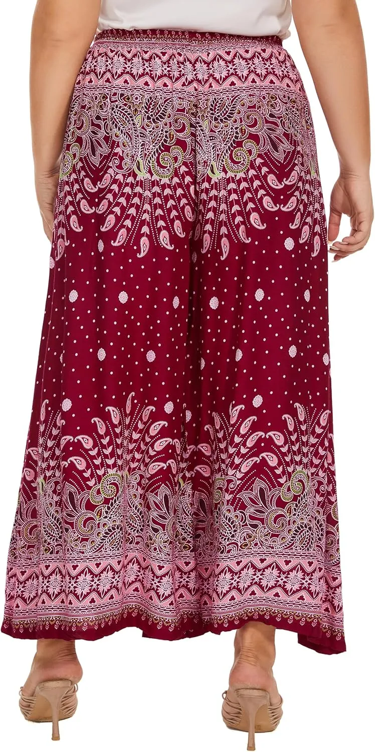 Beautybatik Women Wide Leg Palazzo Pants Plus Size Hippie Bohemian Flora Printed 1X 2X 3X