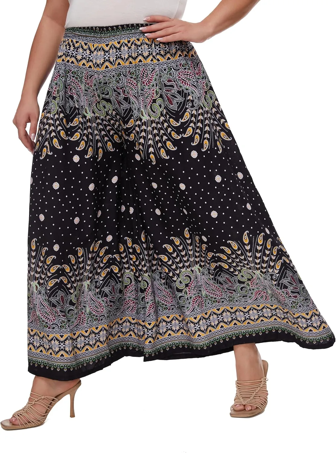 Beautybatik Women Wide Leg Palazzo Pants Plus Size Hippie Bohemian Flora Printed 1X 2X 3X