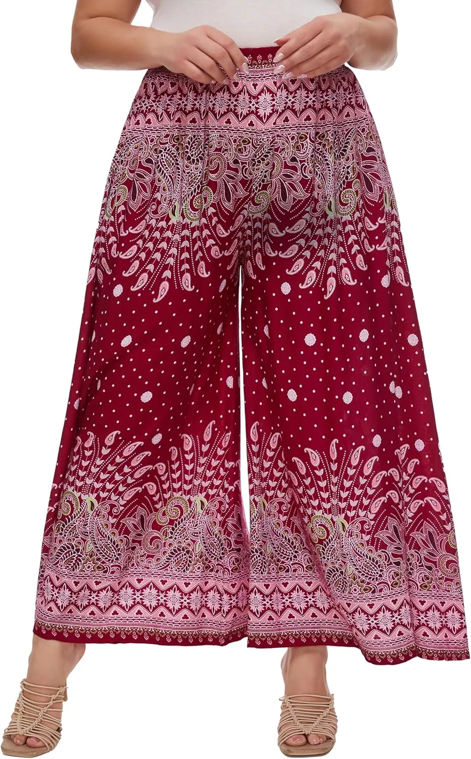 Beautybatik Women Wide Leg Palazzo Pants Plus Size Hippie Bohemian Flora Printed 1X 2X 3X