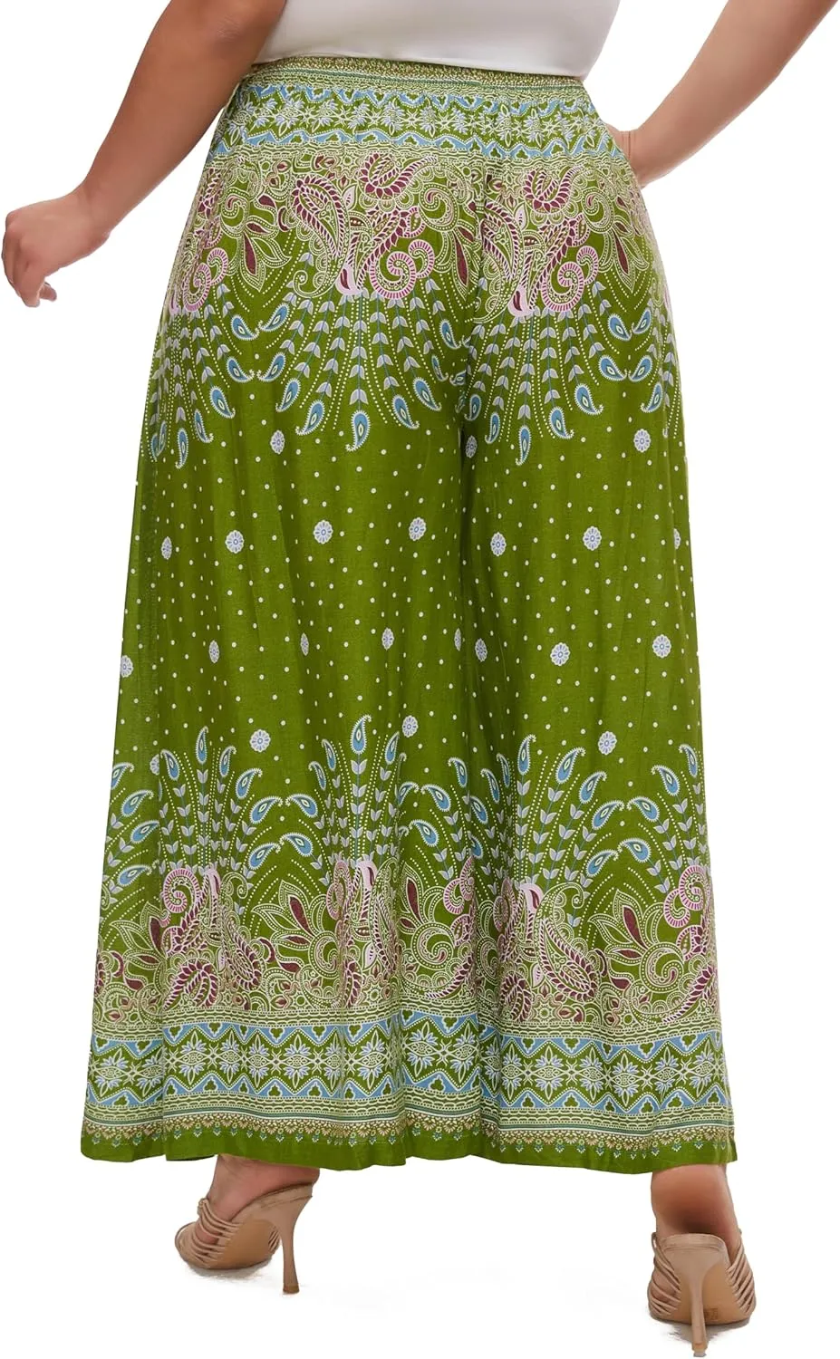 Beautybatik Women Wide Leg Palazzo Pants Plus Size Hippie Bohemian Flora Printed 1X 2X 3X