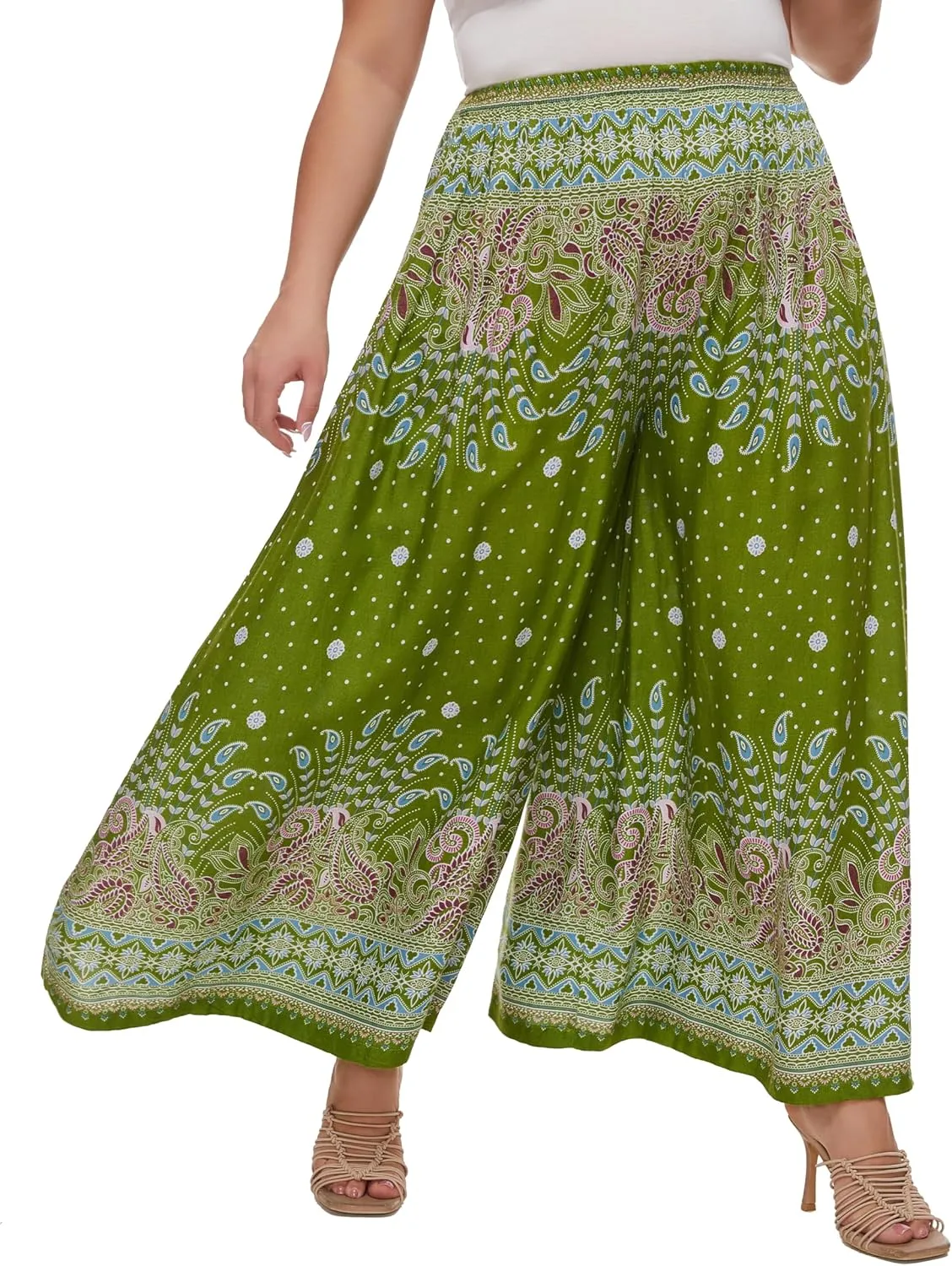 Beautybatik Women Wide Leg Palazzo Pants Plus Size Hippie Bohemian Flora Printed 1X 2X 3X