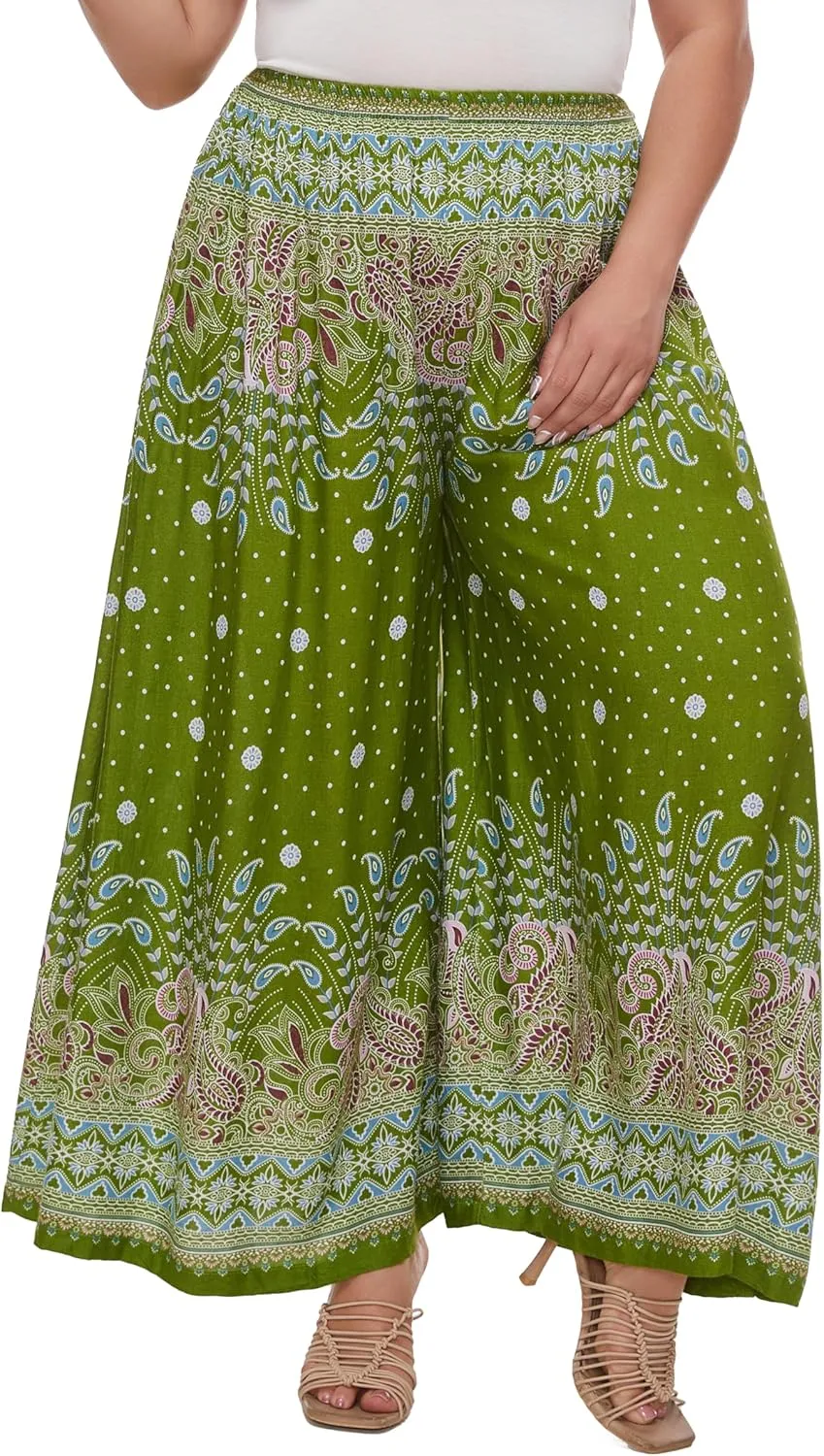 Beautybatik Women Wide Leg Palazzo Pants Plus Size Hippie Bohemian Flora Printed 1X 2X 3X
