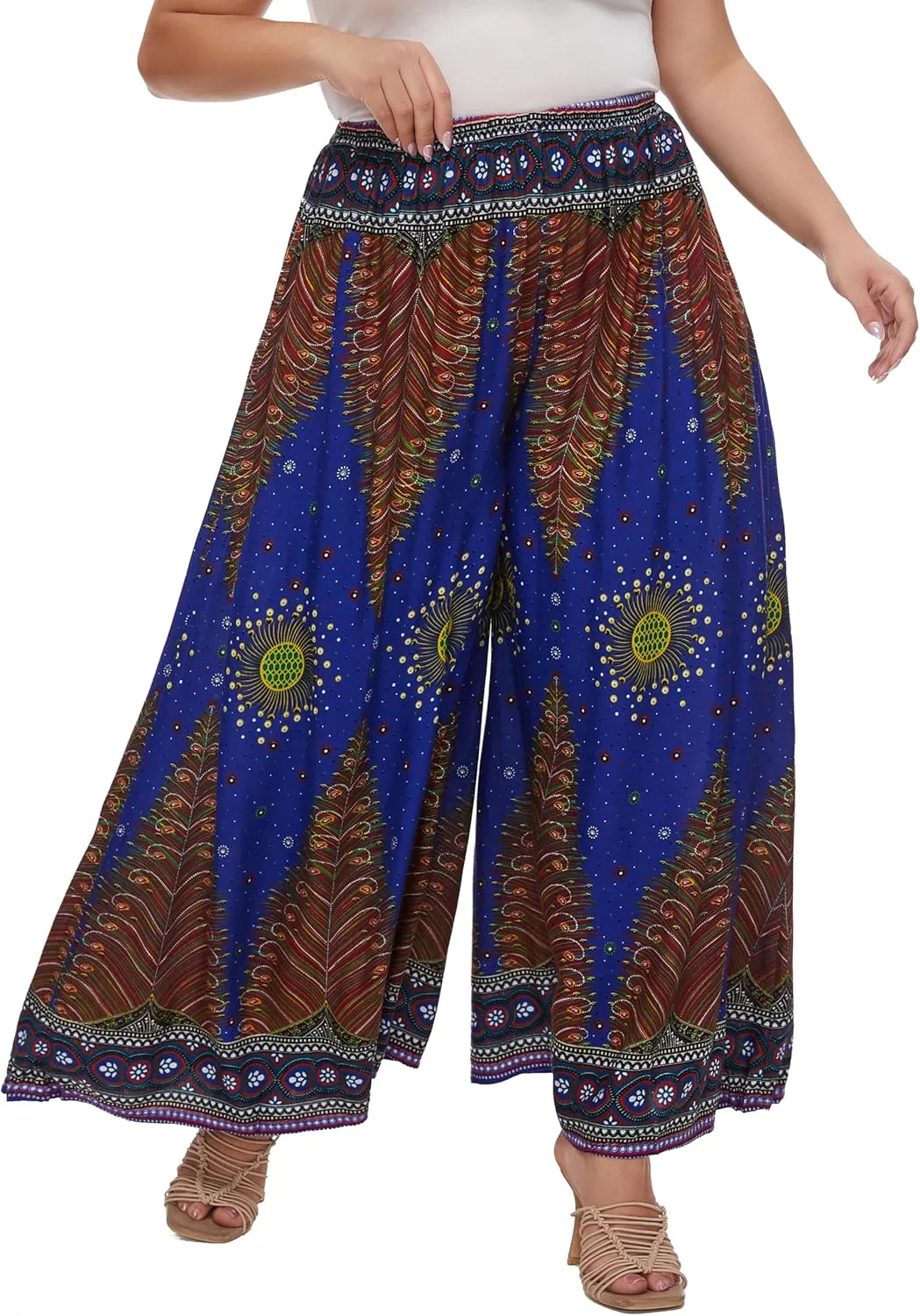 Beautybatik Women Wide Leg Palazzo Pants Plus Size Hippie Bohemian Flora Printed 1X 2X 3X