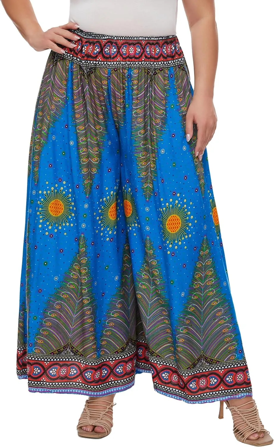Beautybatik Women Wide Leg Palazzo Pants Plus Size Hippie Bohemian Flora Printed 1X 2X 3X