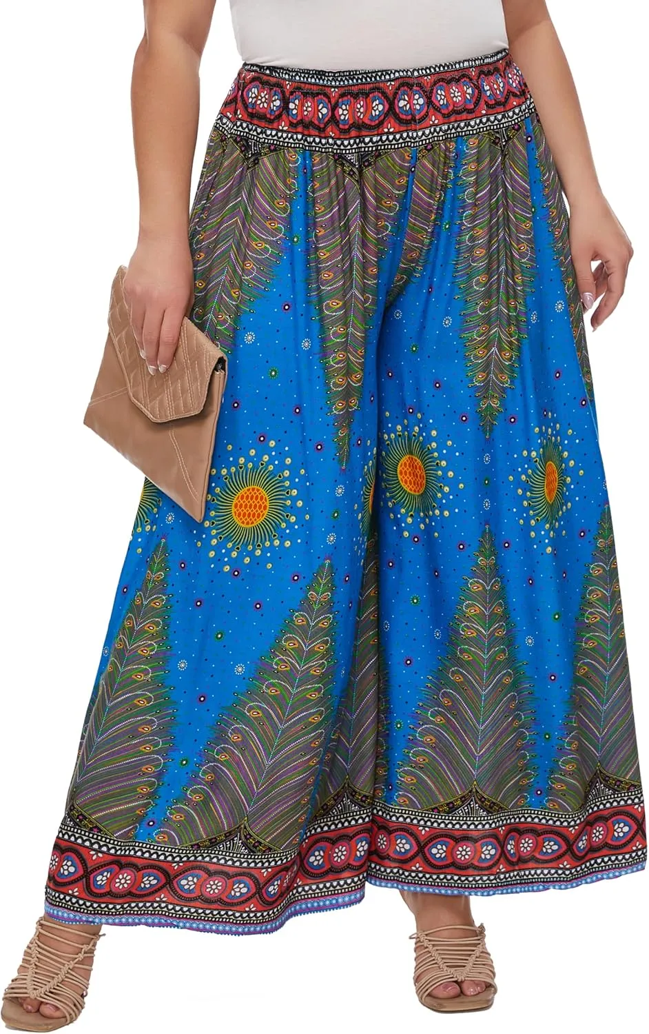 Beautybatik Women Wide Leg Palazzo Pants Plus Size Hippie Bohemian Flora Printed 1X 2X 3X