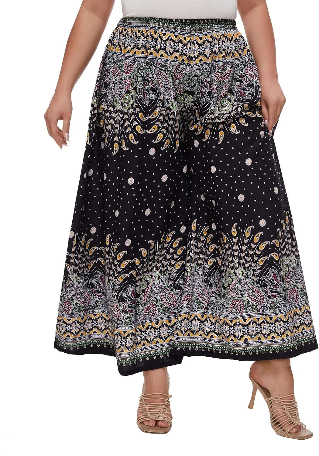 Beautybatik Women Wide Leg Palazzo Pants Plus Size Hippie Bohemian Flora Printed 1X 2X 3X