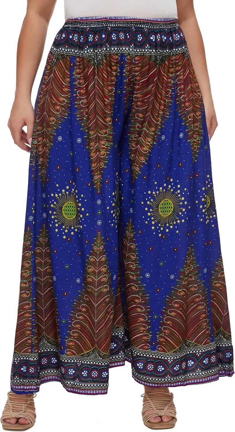Beautybatik Women Wide Leg Palazzo Pants Plus Size Hippie Bohemian Flora Printed 1X 2X 3X