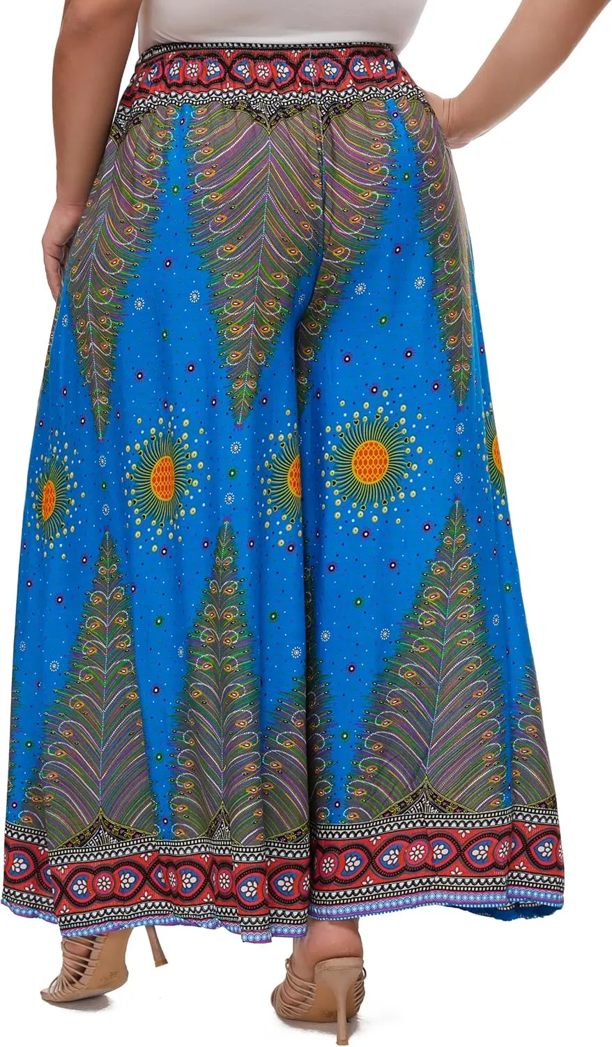 Beautybatik Women Wide Leg Palazzo Pants Plus Size Hippie Bohemian Flora Printed 1X 2X 3X