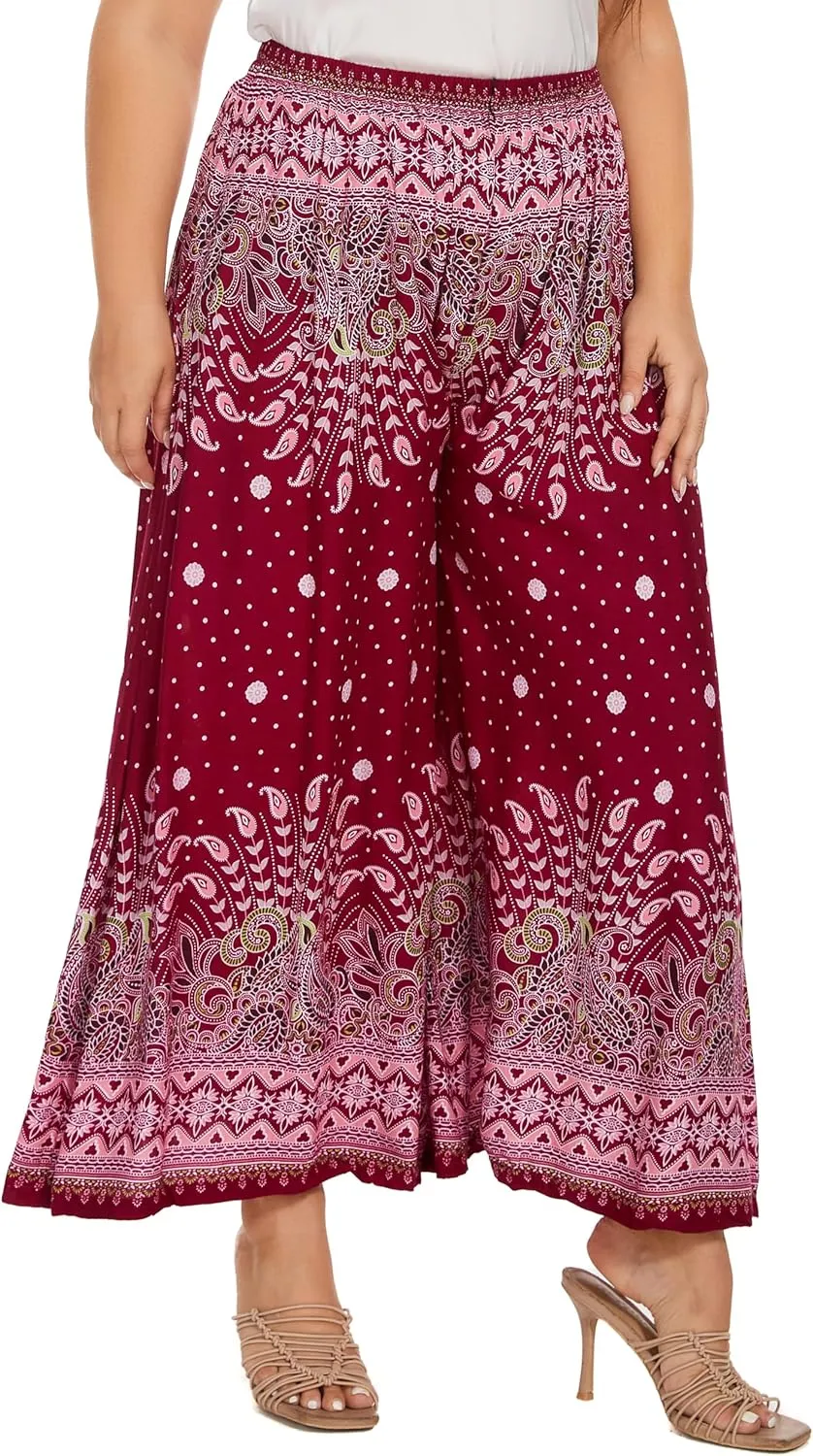 Beautybatik Women Wide Leg Palazzo Pants Plus Size Hippie Bohemian Flora Printed 1X 2X 3X