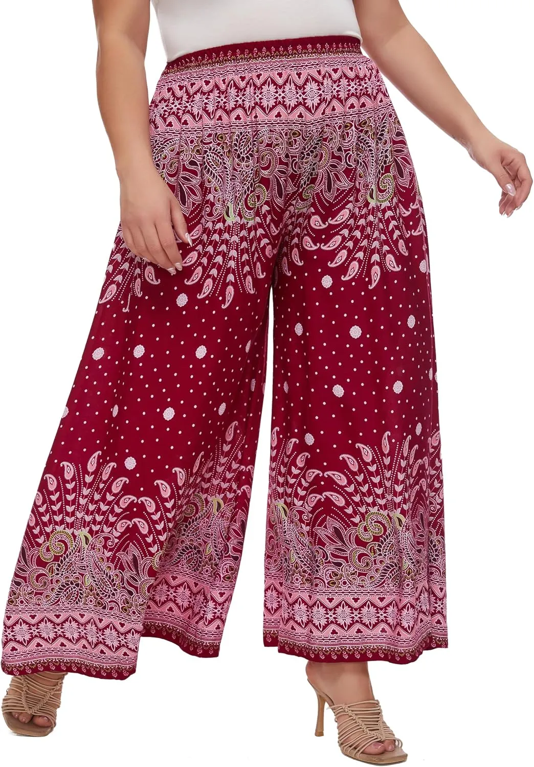 Beautybatik Women Wide Leg Palazzo Pants Plus Size Hippie Bohemian Flora Printed 1X 2X 3X