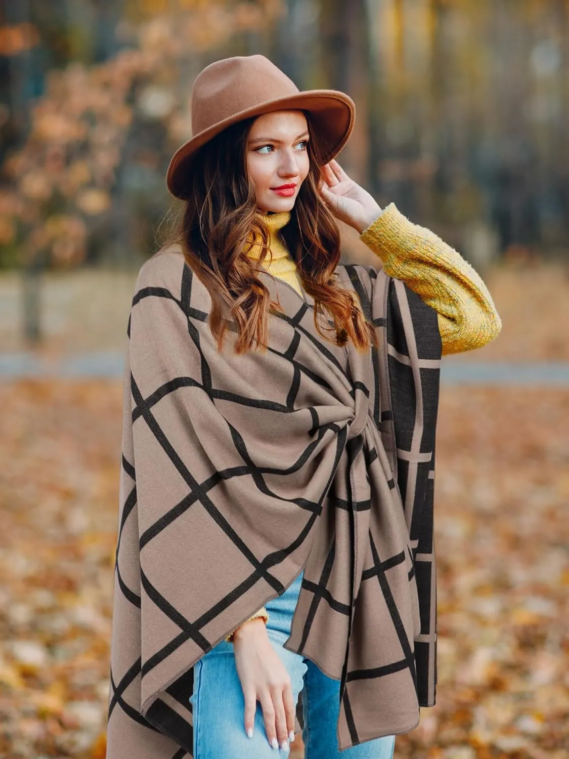 Bestshe Women's Boho Open Front Poncho Knitted Plaid Shawl Wrap Cape Tassel Cardigan Sweater