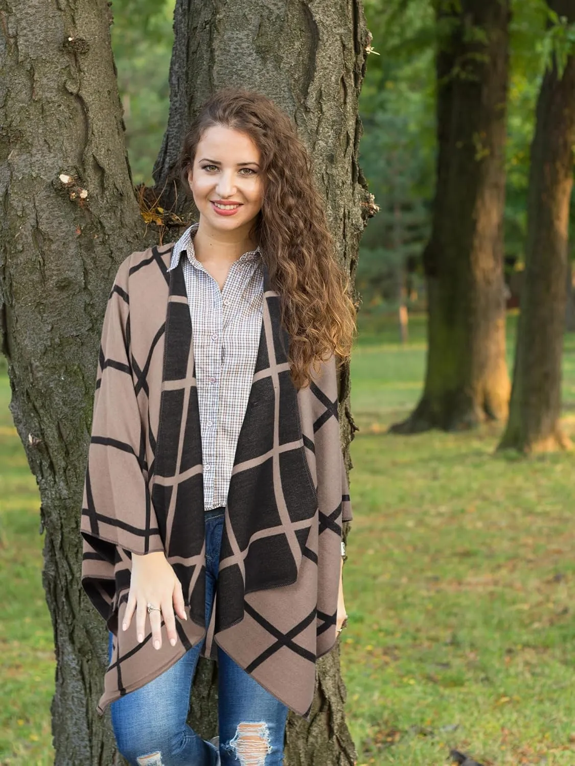 Bestshe Women's Boho Open Front Poncho Knitted Plaid Shawl Wrap Cape Tassel Cardigan Sweater