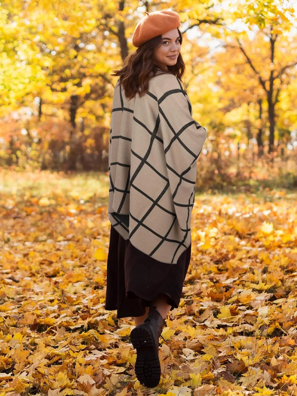 Bestshe Women's Boho Open Front Poncho Knitted Plaid Shawl Wrap Cape Tassel Cardigan Sweater