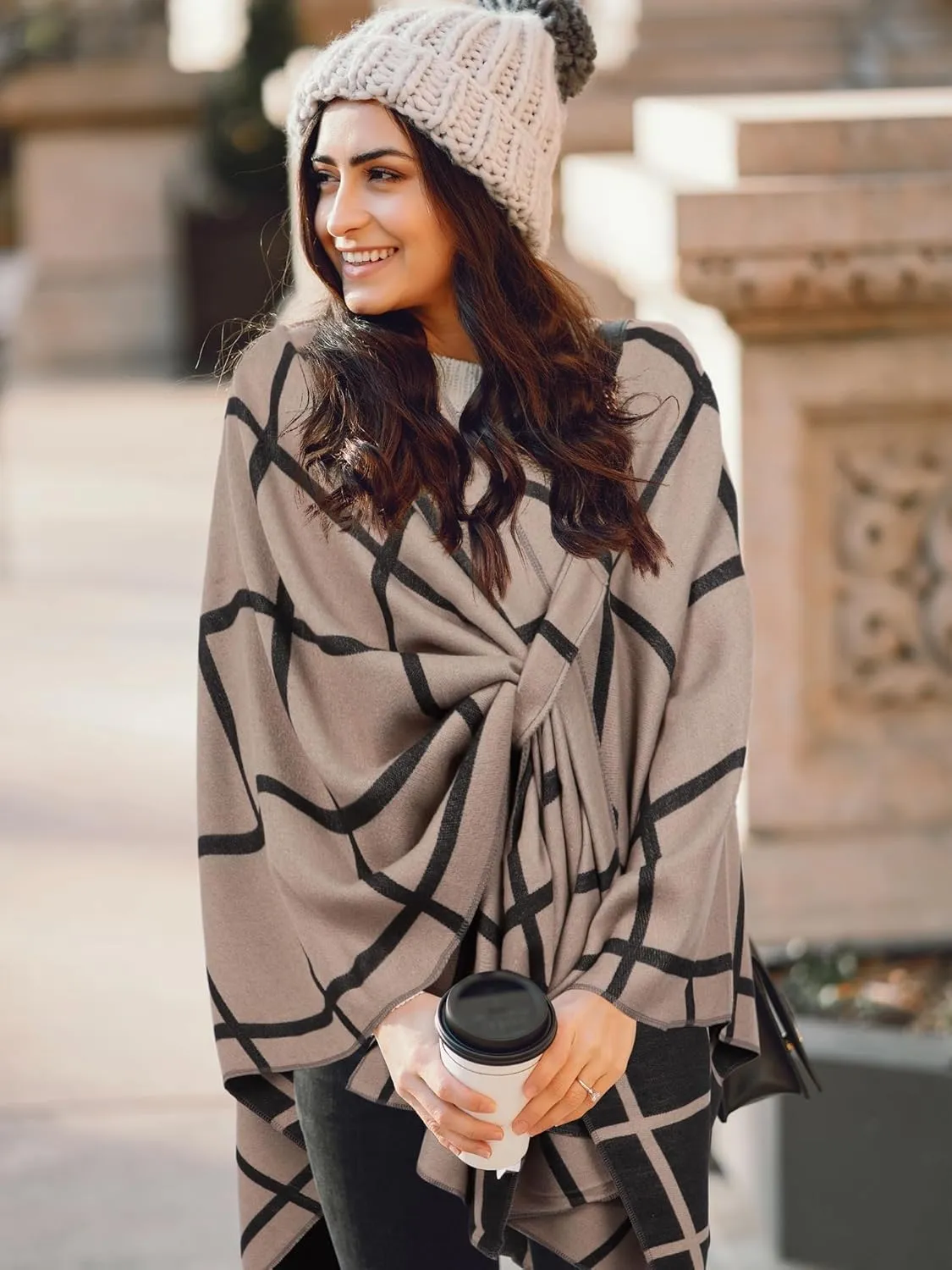 Bestshe Women's Boho Open Front Poncho Knitted Plaid Shawl Wrap Cape Tassel Cardigan Sweater