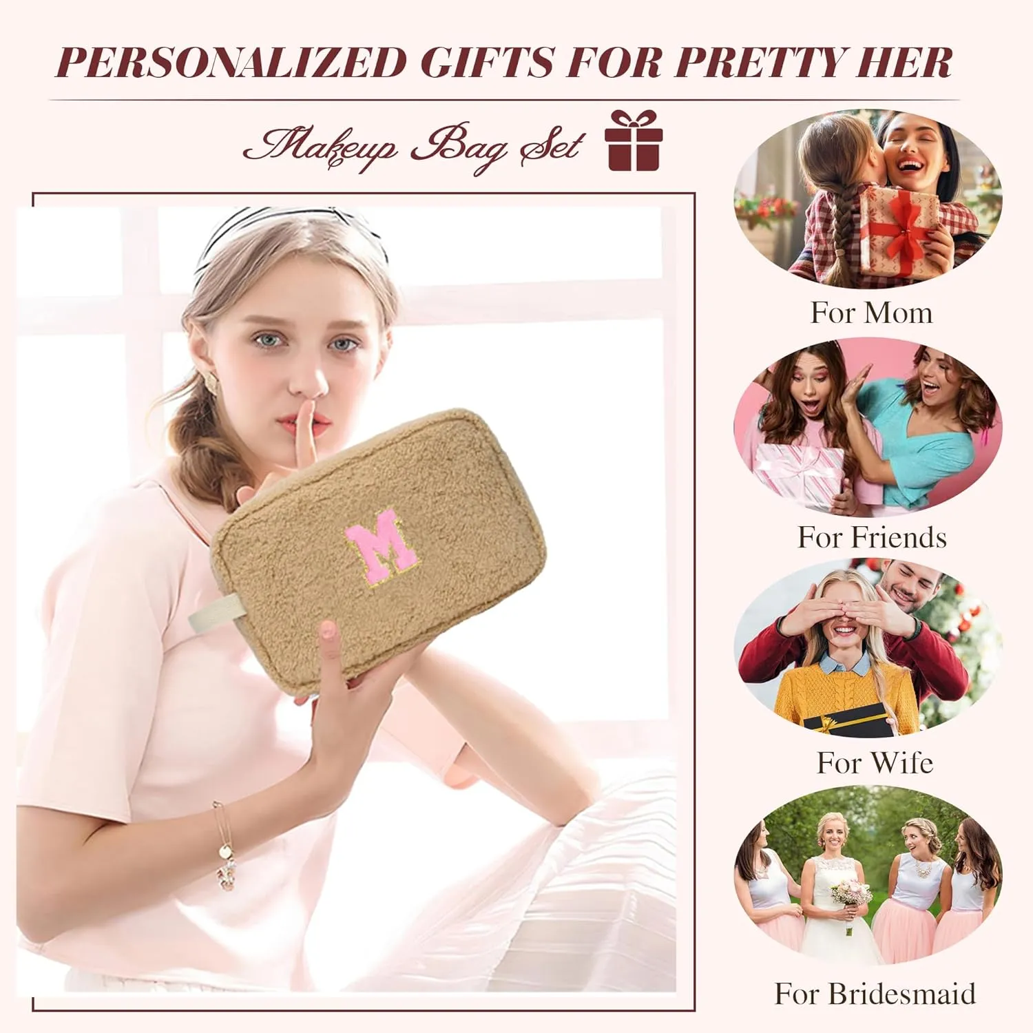 Birthday Gifts for Women, Personalized Initial Cosmetic Bag Pouch for Teen Girls, Preppy Makeup Travel Bags for Daughter Sister Girlfriend, Monogramed Make Up Pouch for Graduation Gifts, Brown A