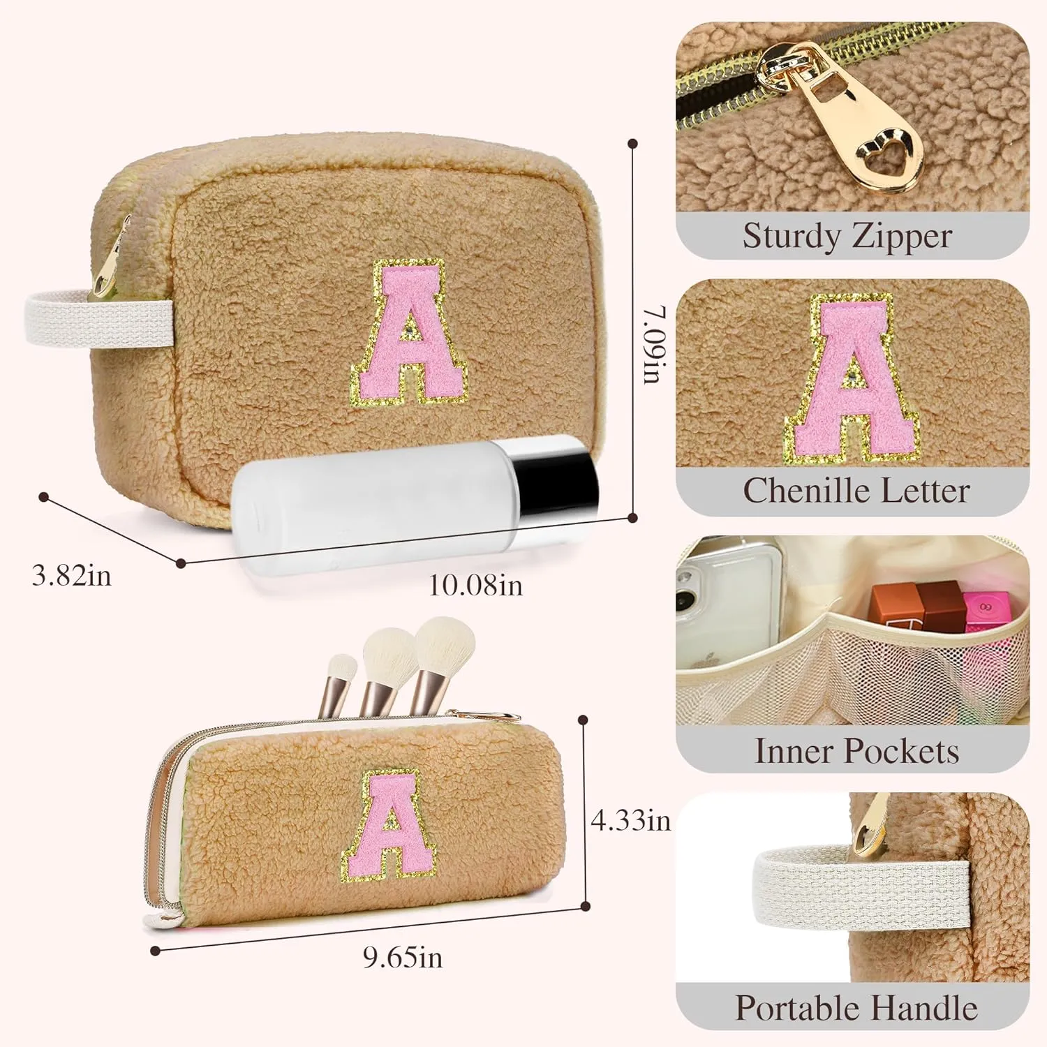 Birthday Gifts for Women, Personalized Initial Cosmetic Bag Pouch for Teen Girls, Preppy Makeup Travel Bags for Daughter Sister Girlfriend, Monogramed Make Up Pouch for Graduation Gifts, Brown T