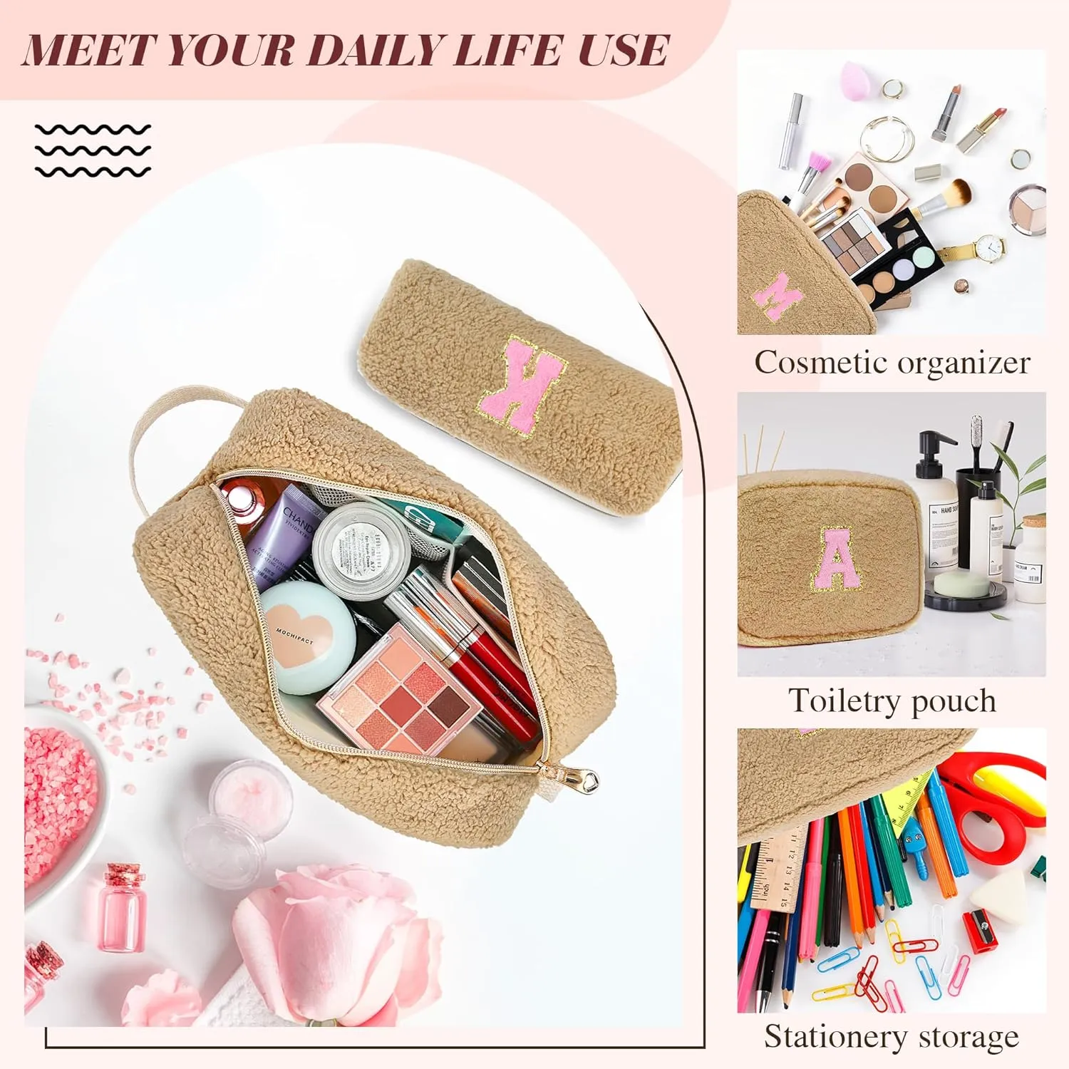 Birthday Gifts for Women, Personalized Initial Cosmetic Bag Pouch for Teen Girls, Preppy Makeup Travel Bags for Daughter Sister Girlfriend, Monogramed Make Up Pouch for Graduation Gifts, Brown T