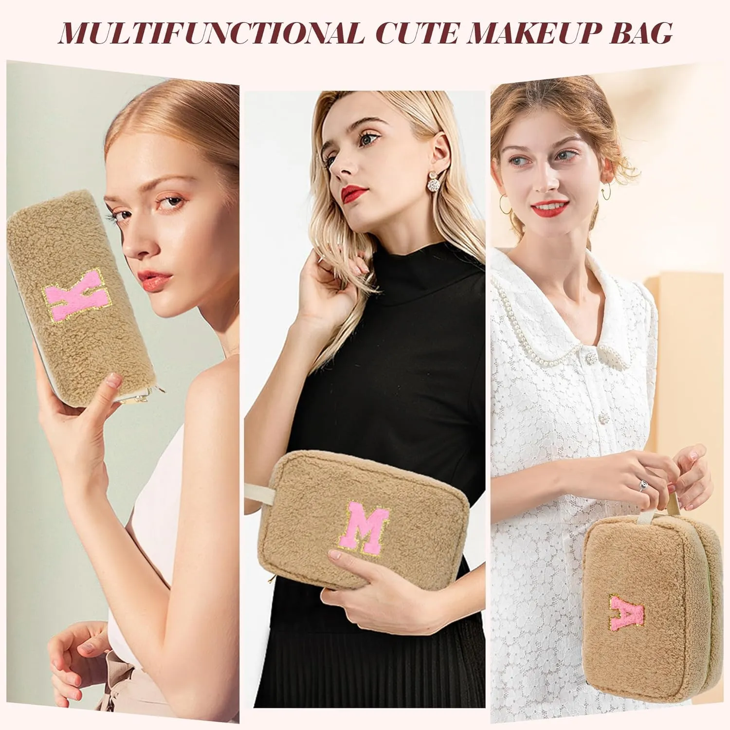 Birthday Gifts for Women, Personalized Initial Cosmetic Bag Pouch for Teen Girls, Preppy Makeup Travel Bags for Daughter Sister Girlfriend, Monogramed Make Up Pouch for Graduation Gifts, Brown T