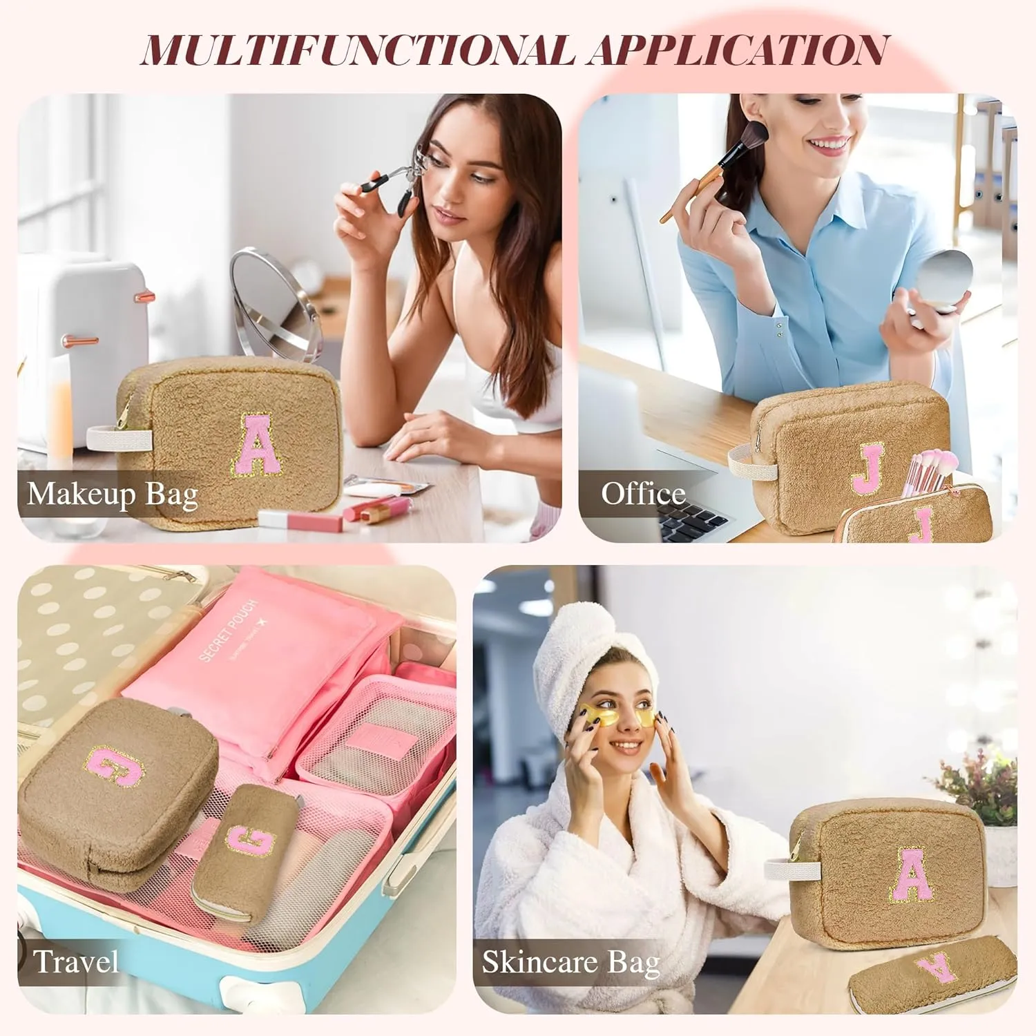 Birthday Gifts for Women, Personalized Initial Cosmetic Bag Pouch for Teen Girls, Preppy Makeup Travel Bags for Daughter Sister Girlfriend, Monogramed Make Up Pouch for Graduation Gifts, Brown T
