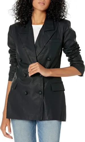 [BLANKNYC] Womens Double Breasted Long Vegan Leather Blazer