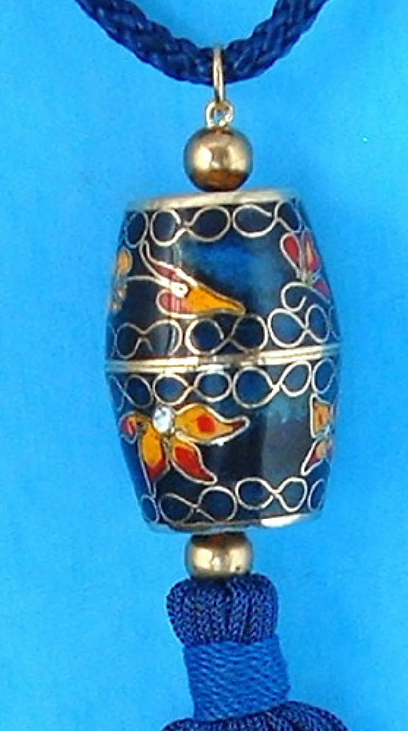 Blue Cloisonne Enamel Necklace Floral 2 Piece Barrel Unscrews Long Blue Silk Cord