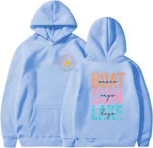 Boat Waves Sun Rays Lake Days Hoodies, Womens Hooded Sweatshirt Oversized Plus Size Cute Funny Graphic Pullover with Pocket Lightweight Fall Trendy Sweater Sky Blue