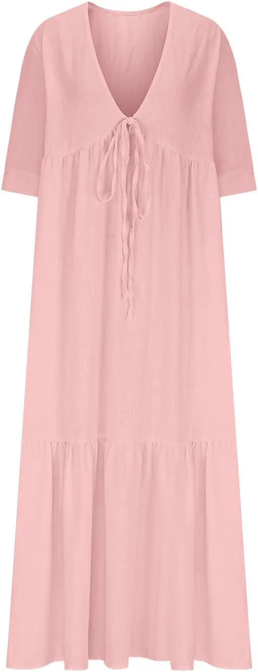 Boho Summer Dresses for Women Casual V Neck Beach Flowy Sundress Ladies Fashion Vacation Cotton Linen Maxi Dress