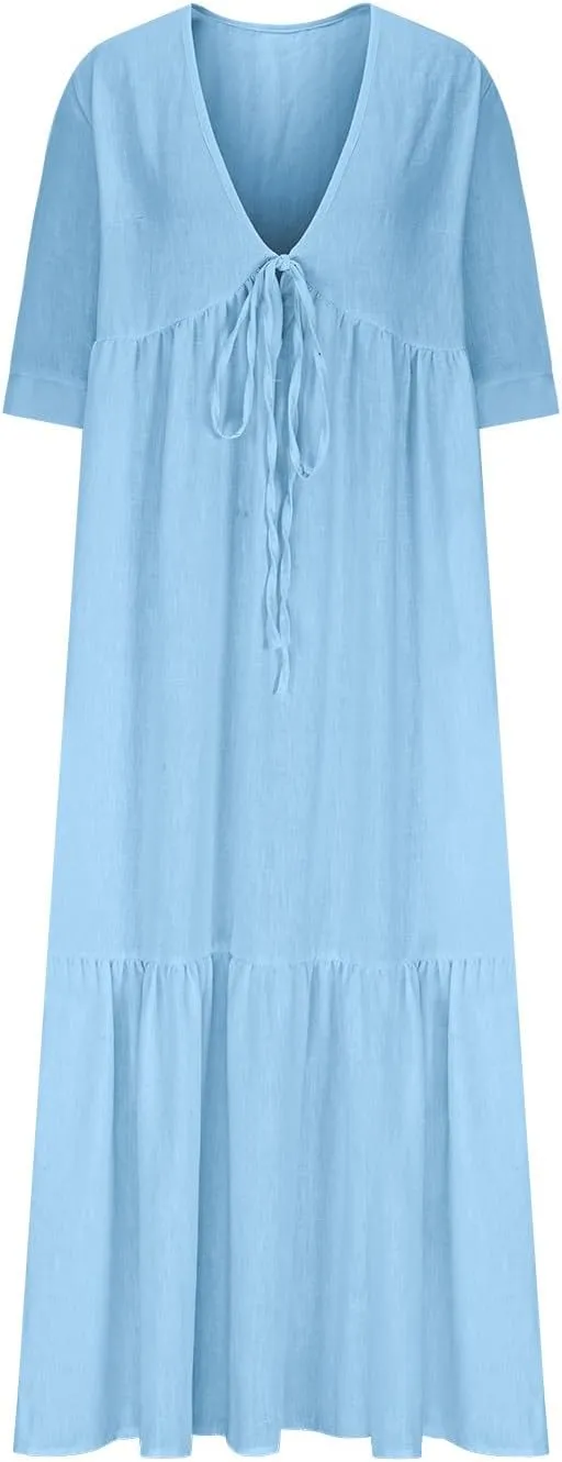Boho Summer Dresses for Women Casual V Neck Beach Flowy Sundress Ladies Fashion Vacation Cotton Linen Maxi Dress