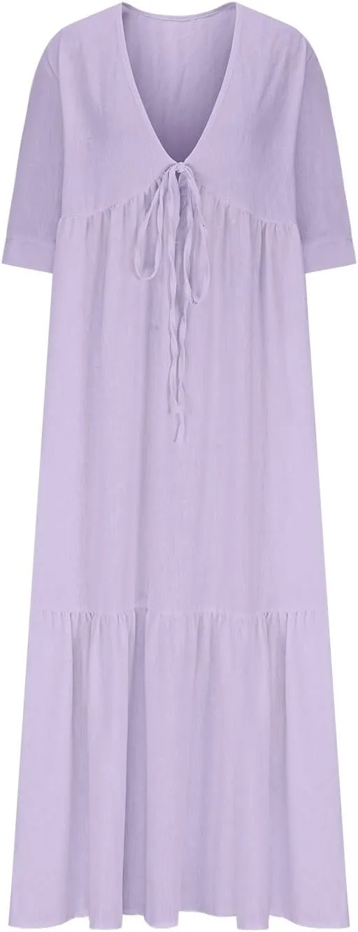 Boho Summer Dresses for Women Casual V Neck Beach Flowy Sundress Ladies Fashion Vacation Cotton Linen Maxi Dress