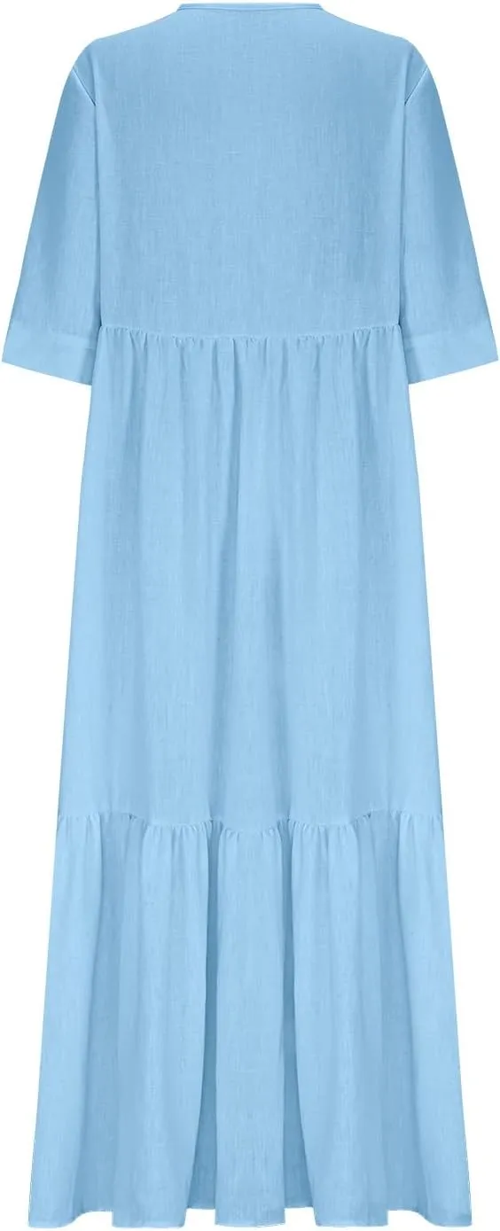 Boho Summer Dresses for Women Casual V Neck Beach Flowy Sundress Ladies Fashion Vacation Cotton Linen Maxi Dress