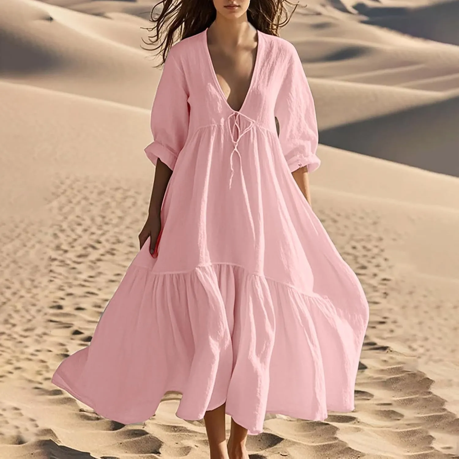Boho Summer Dresses for Women Casual V Neck Beach Flowy Sundress Ladies Fashion Vacation Cotton Linen Maxi Dress