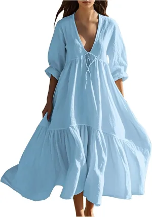 Boho Summer Dresses for Women Casual V Neck Beach Flowy Sundress Ladies Fashion Vacation Cotton Linen Maxi Dress