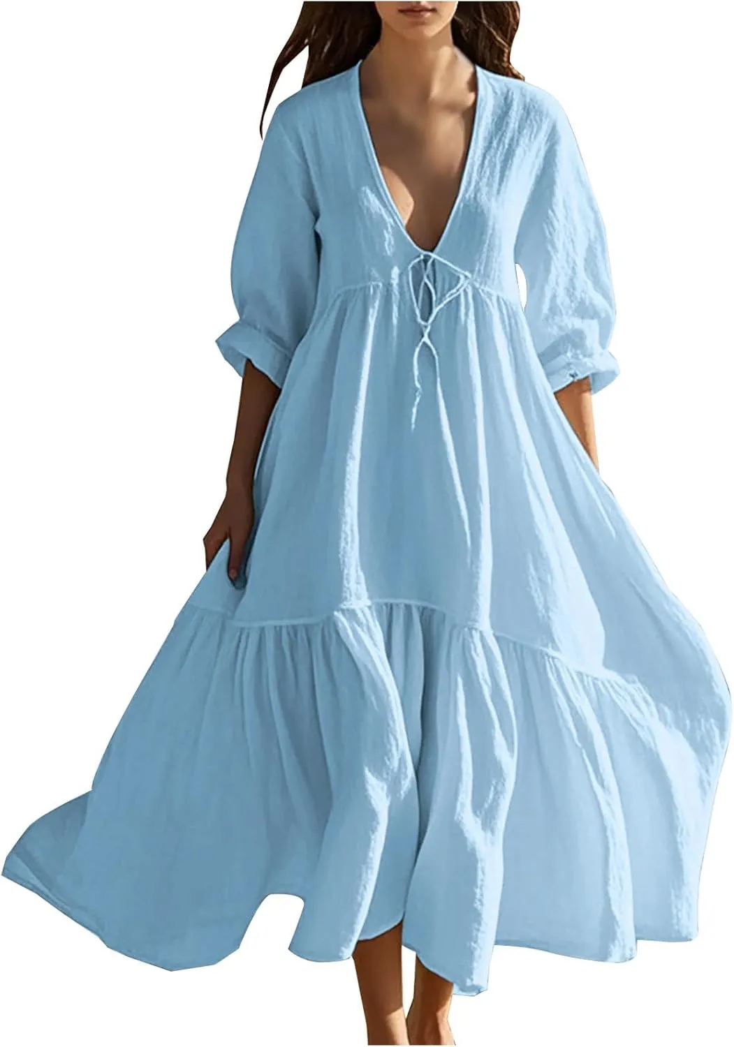Boho Summer Dresses for Women Casual V Neck Beach Flowy Sundress Ladies Fashion Vacation Cotton Linen Maxi Dress