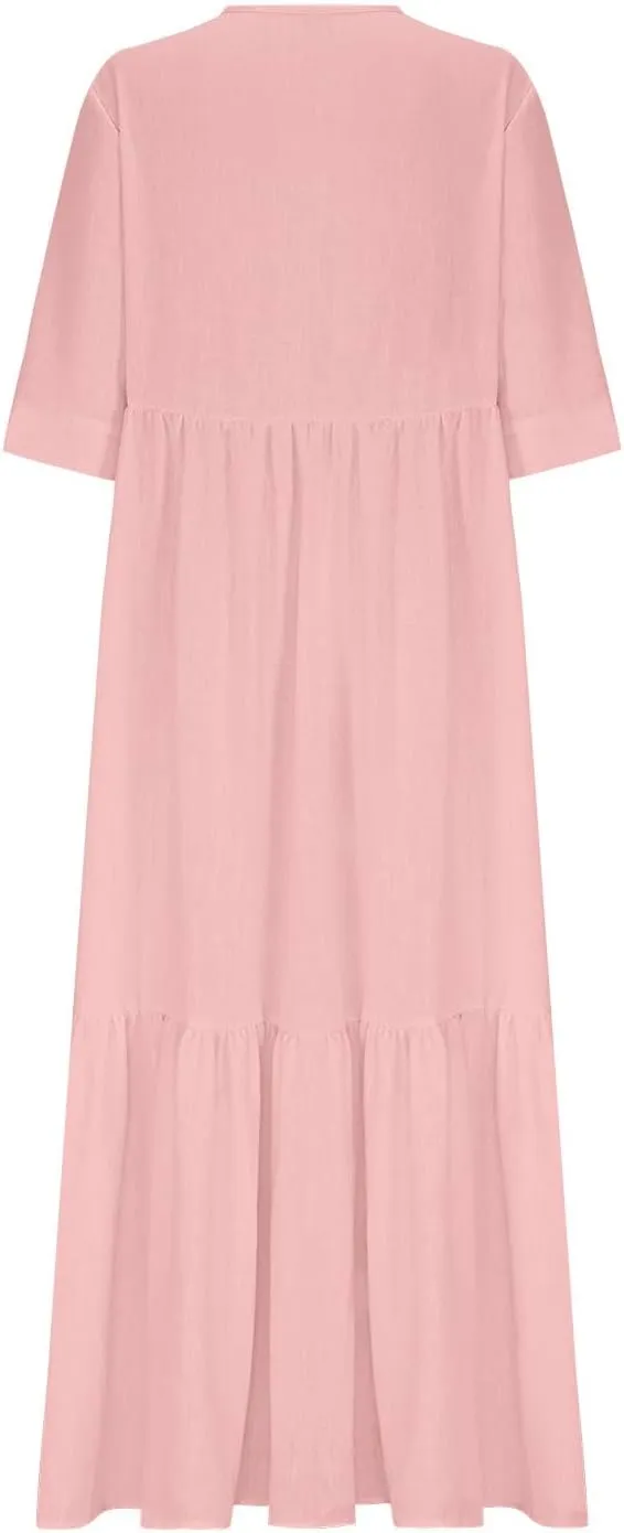Boho Summer Dresses for Women Casual V Neck Beach Flowy Sundress Ladies Fashion Vacation Cotton Linen Maxi Dress
